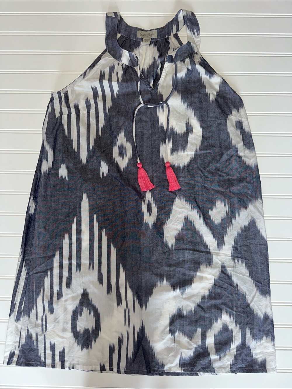 Charlie Paige Ikat Mini Dress Navy White Pink Tassel Tie Beach Cover-Up Medium